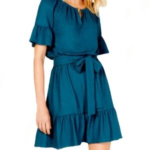 Michael Kors Atlantic Green Keyhole Waist Tie Ruffle Hem Dress